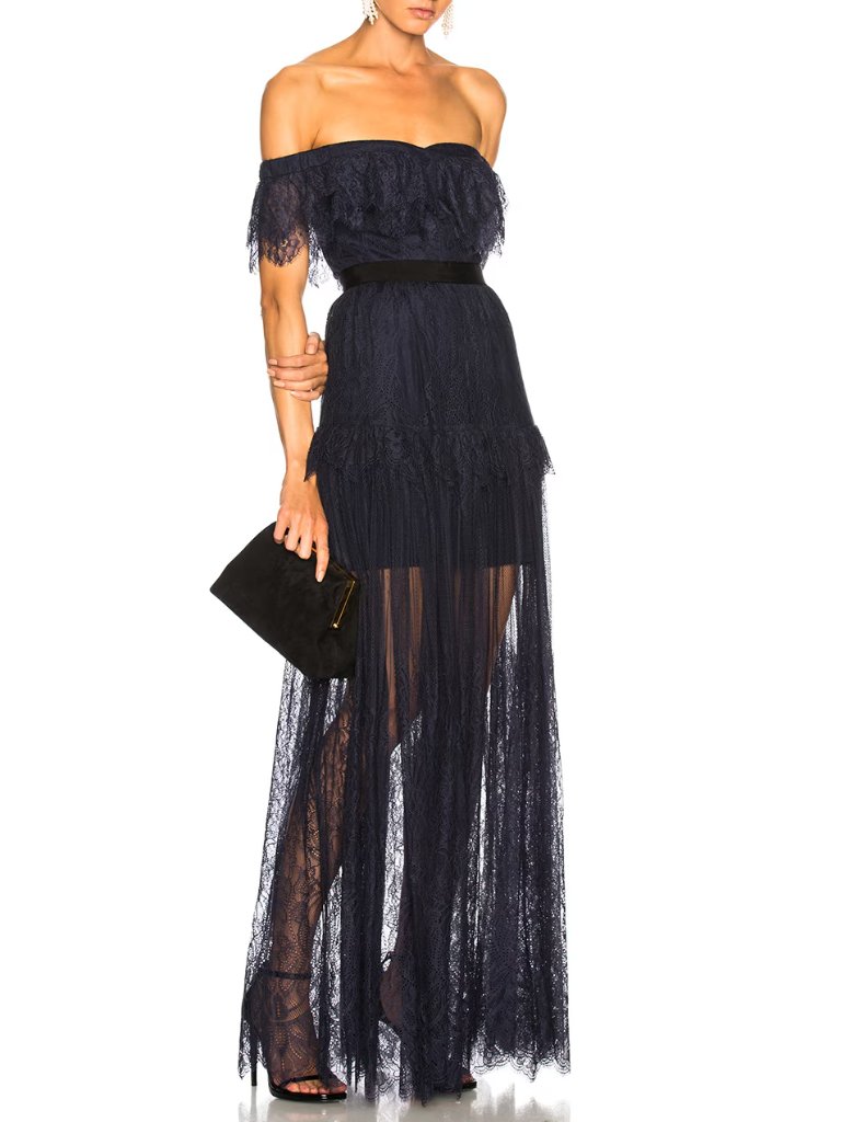 Self-Portrait Navy Blue Lace Off-Shoulder Long Dress Gown- Uk 8/Us 4